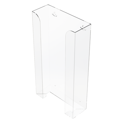 Clear, non-divided PETG, stackable, quad glove dispenser, front facing angled slightly left, vertical. Empty.  