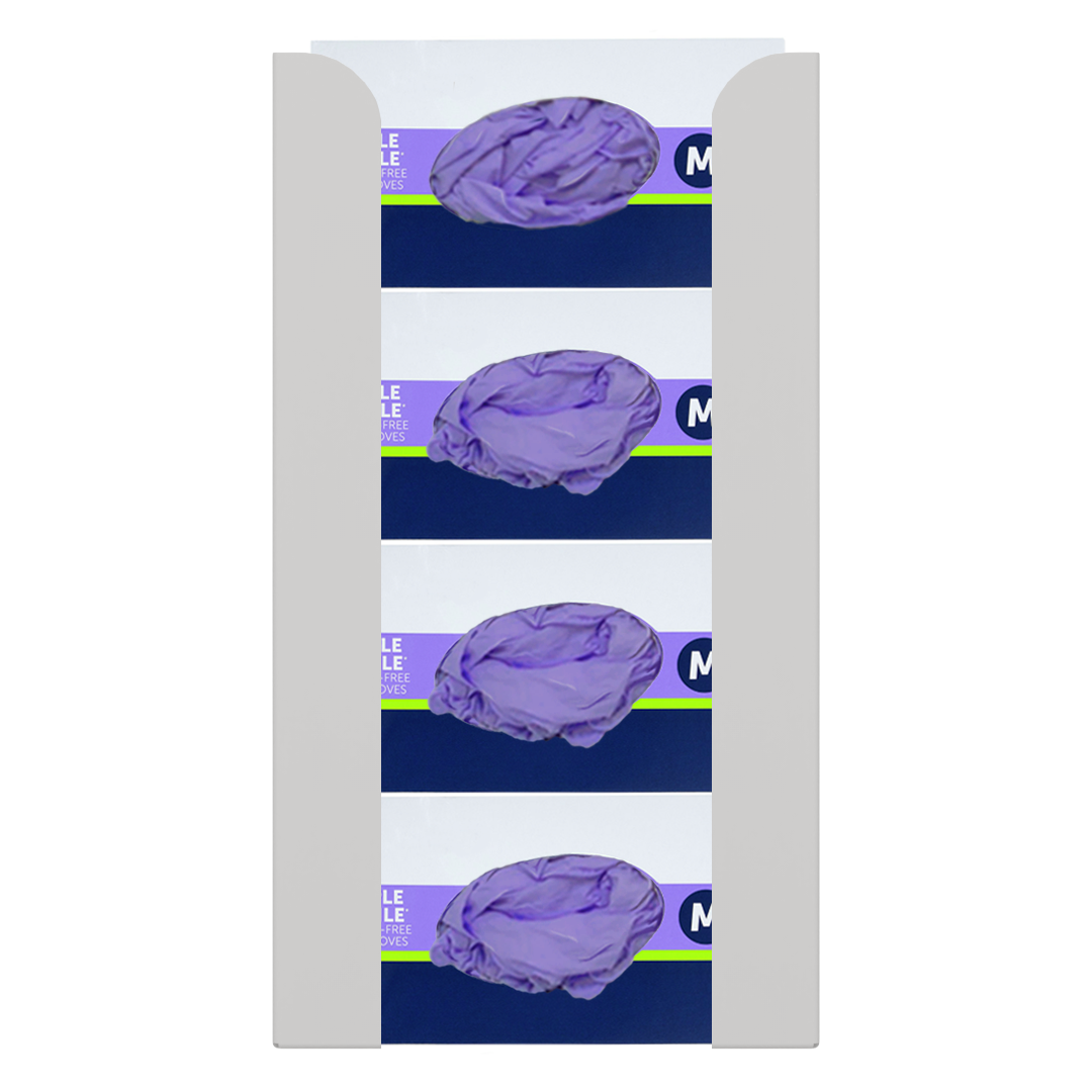 Glove Dispenser. Beige ABS plastic, Quad, wall mount, non-divided, stackable, vertical load. Filled with 4 horizontal boxes of purple nitrile gloves.