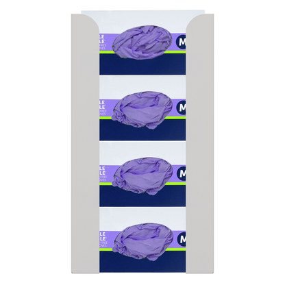 Glove Dispenser. Beige ABS plastic, Quad, wall mount, non-divided, stackable, vertical load. Filled with 4 horizontal boxes of purple nitrile gloves.
