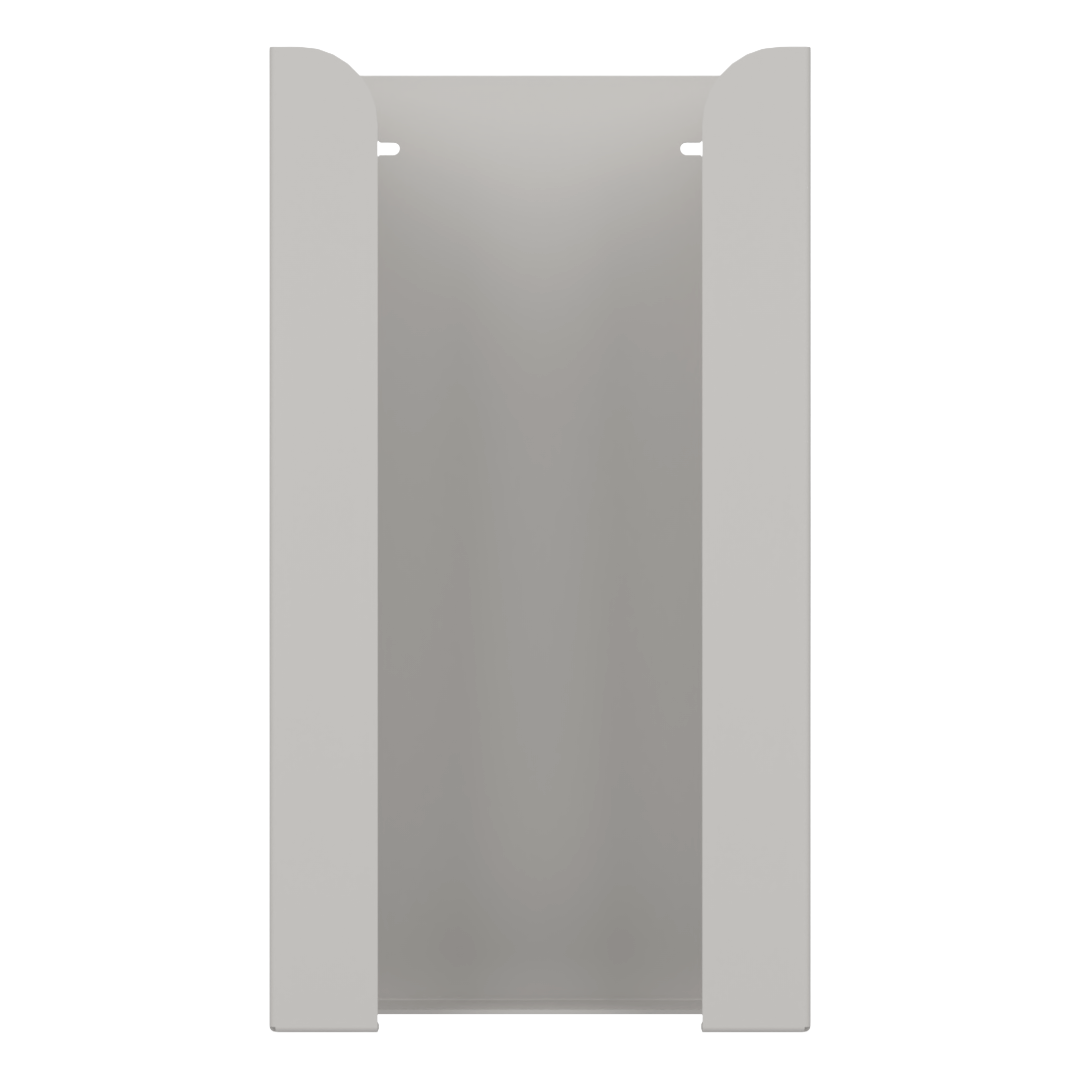 Glove Dispenser. Beige ABS plastic, Quad, wall mount, non-divided, stackable, vertical load. front facing, vertical view. Empty