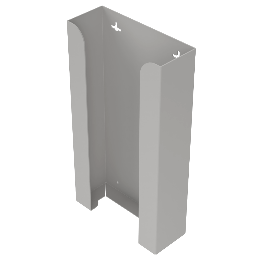 Beige, non-divided, ABS plastic, stackable, quad glove dispenser, front facing, angled slightly, left, vertical view. Empty. 