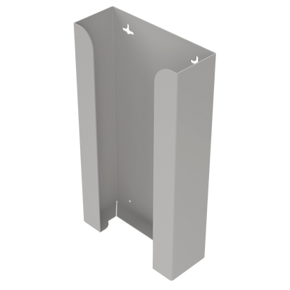 Beige, non-divided, ABS plastic, stackable, quad glove dispenser, front facing, angled slightly, left, vertical view. Empty. 
