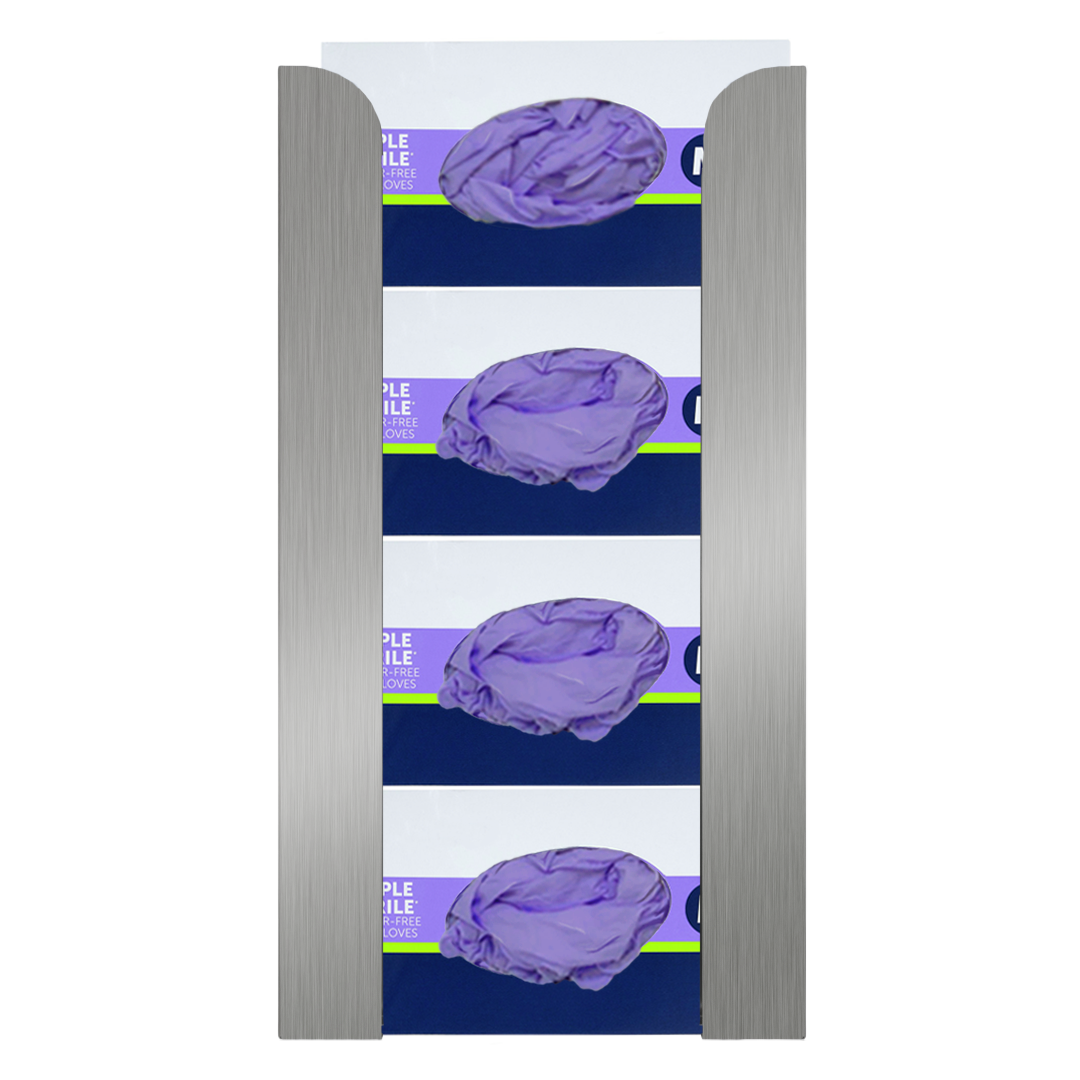 Glove Dispenser. Stainless Steel, Quad, wall mount, non-divided, stackable, vertical load. Filled with 4 horizontal boxes of purple nitrile gloves.