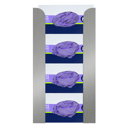 Glove Dispenser. Stainless Steel, Quad, wall mount, non-divided, stackable, vertical load. Filled with 4 horizontal boxes of purple nitrile gloves.