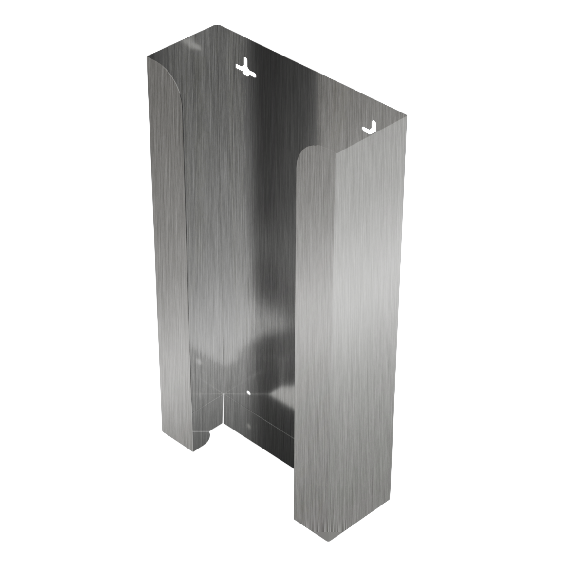 Stainless Steel, non-divided, stackable, quad glove dispenser, front facing, angled slightly left, vertical view. Empty
