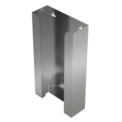 Stainless Steel, non-divided, stackable, quad glove dispenser, front facing, angled slightly left, vertical view. Empty