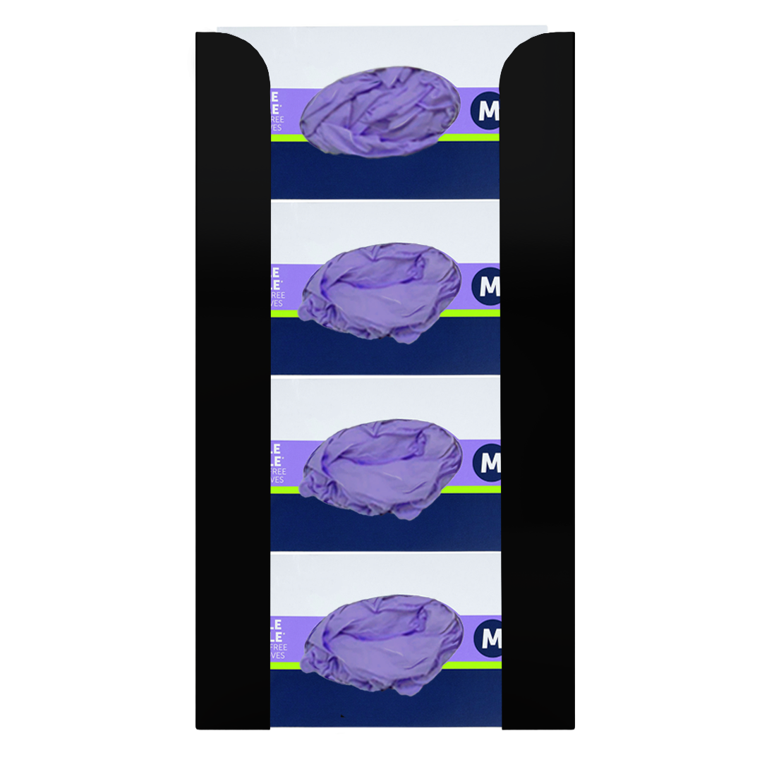 Glove Dispenser. Black Steel, Quad, wall mount, non-divided, stackable, vertical load. Filled with 4 horizontal boxes of purple nitrile gloves.