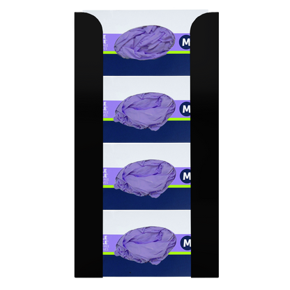 Glove Dispenser. Black Steel, Quad, wall mount, non-divided, stackable, vertical load. Filled with 4 horizontal boxes of purple nitrile gloves.