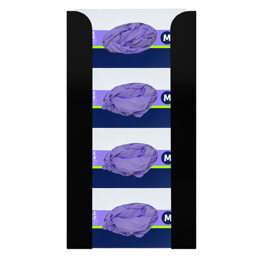 Glove Dispenser. Black Steel, Quad, wall mount, non-divided, stackable, vertical load. Filled with 4 horizontal boxes of purple nitrile gloves.