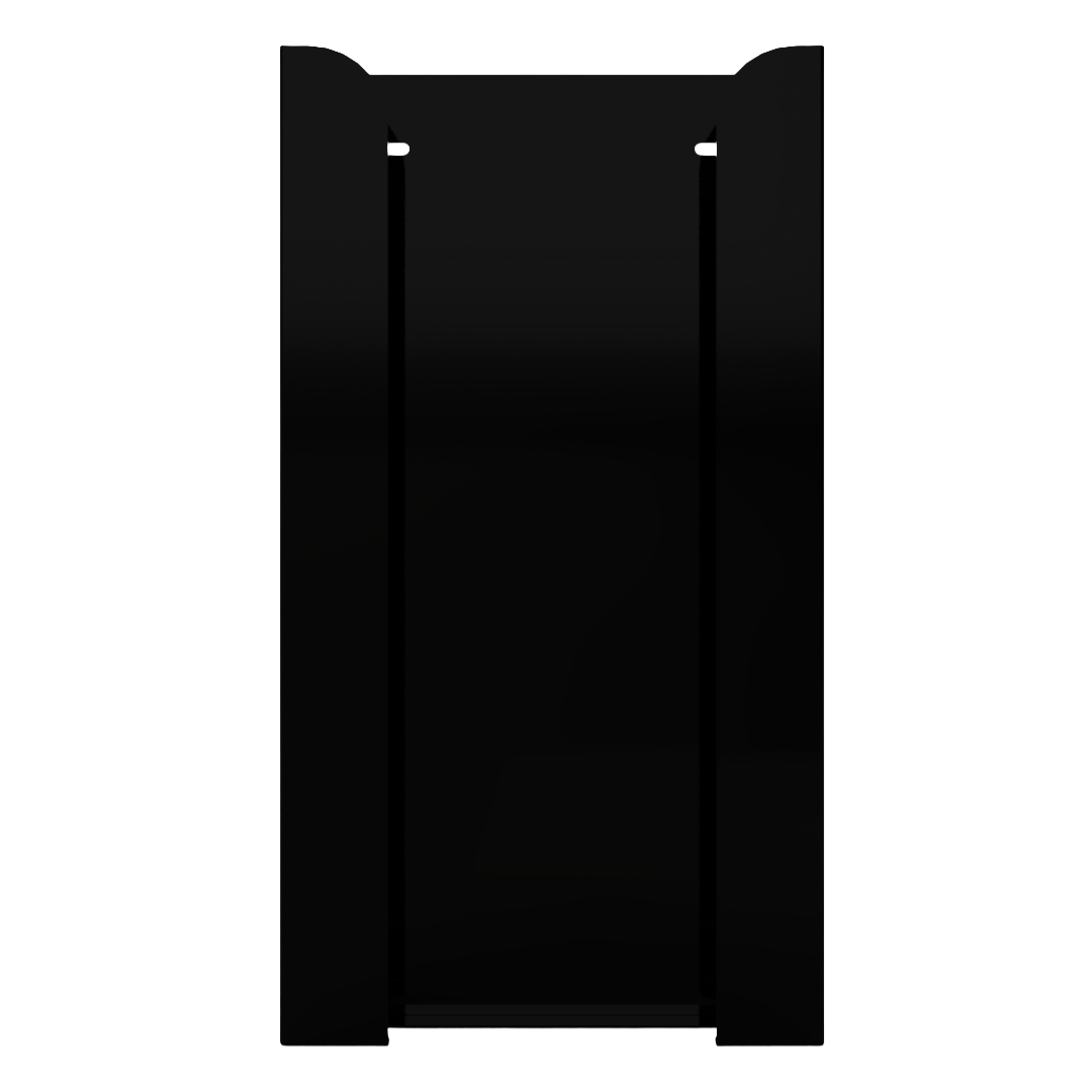 Black, non-divided metal, stackable, quad glove dispenser, front facing, vertical view. Empty.