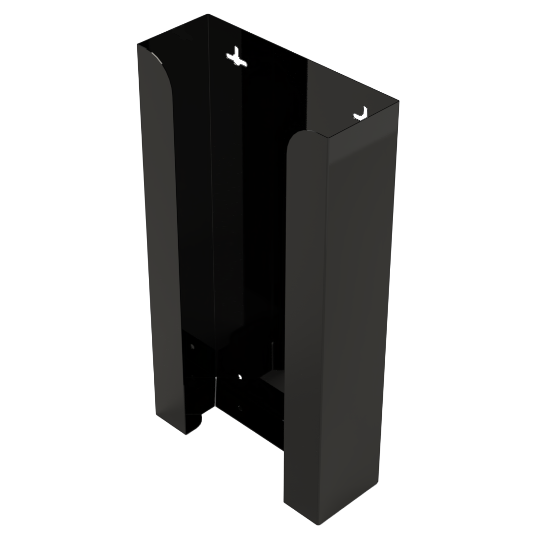 Black, non-divided metal, stackable, quad glove dispenser, front facing angled slightly left, vertical view. Empty