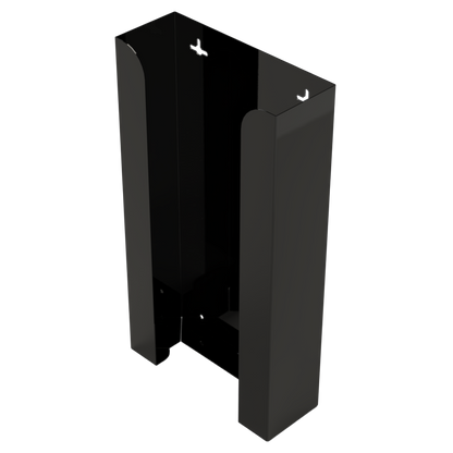Black, non-divided metal, stackable, quad glove dispenser, front facing angled slightly left, vertical view. Empty