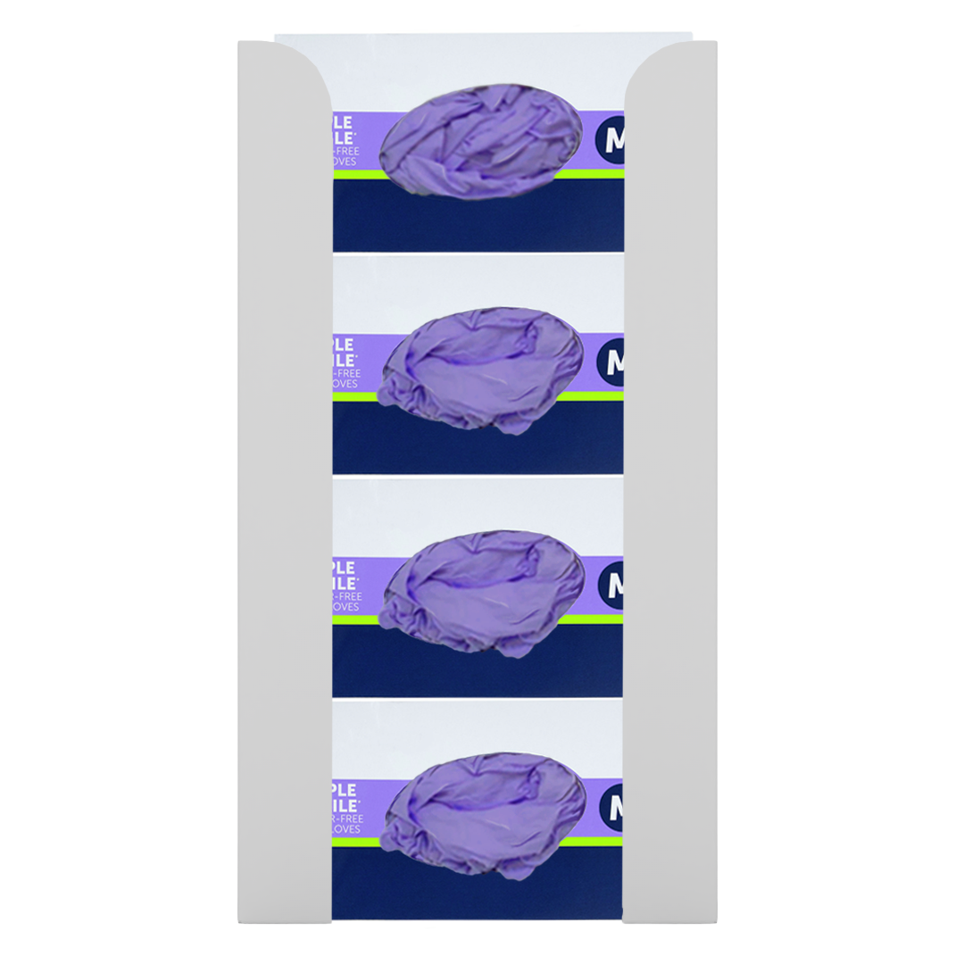 Glove Dispenser. White Steel, Quad, wall mount, non-divided, stackable, vertical load. Filled with 4 horizontal boxes of purple nitrile gloves.