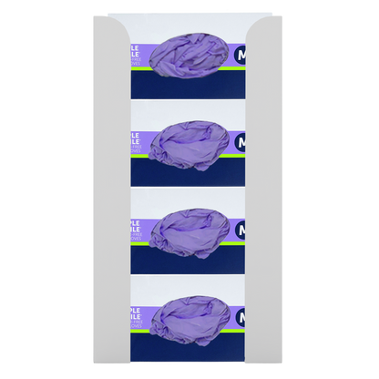 Glove Dispenser. White Steel, Quad, wall mount, non-divided, stackable, vertical load. Filled with 4 horizontal boxes of purple nitrile gloves.