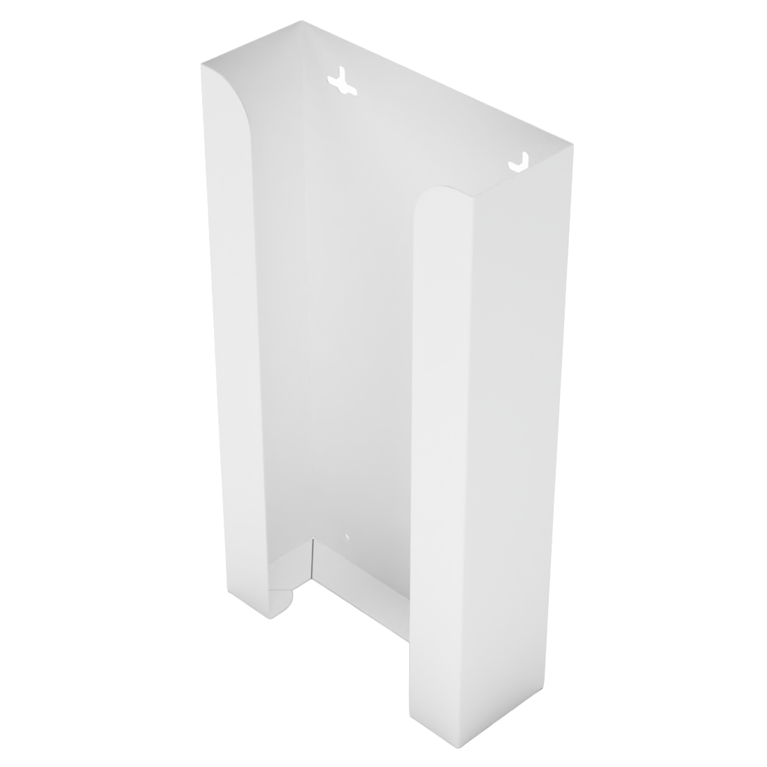 White, non-divided metal, stackable, quad glove dispenser, front facing, slightly angled left, vertical view. Empty. 