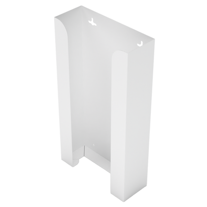 White, non-divided metal, stackable, quad glove dispenser, front facing, slightly angled left, vertical view. Empty. 