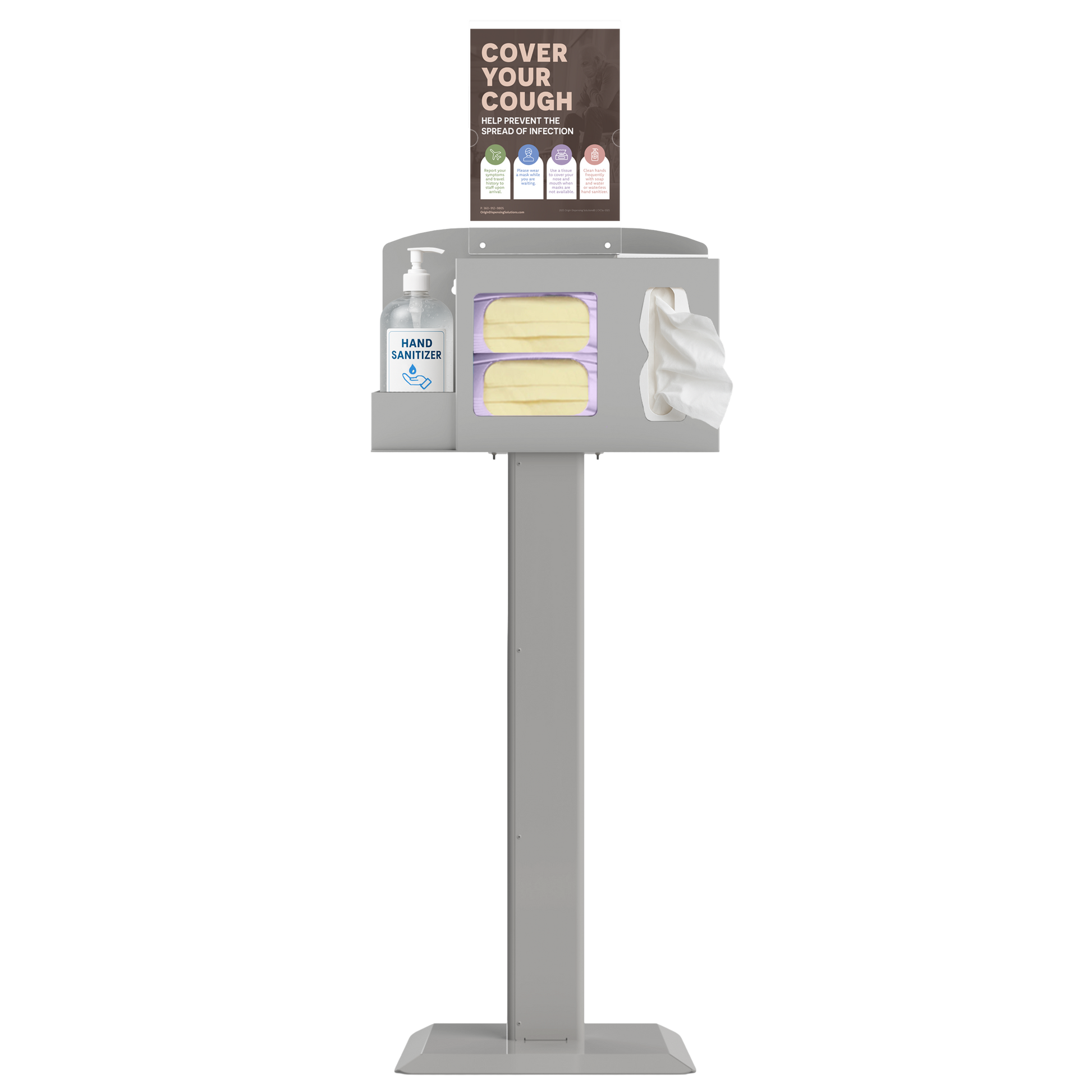 Respiratory Hygiene Station. Beige ABS plastic station, beige steel stand, and clear PETG plastic sign holder. Flu station with 3 sections holding a bottle of hand sanitizer, 2 boxes of earloop face masks, and tissues. Unit has Cover Your Cough sign and is front facing.