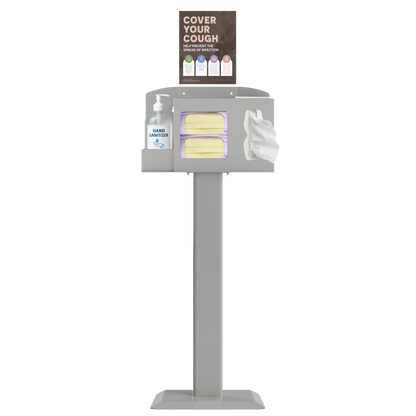 Respiratory Hygiene Station. Beige ABS plastic station, beige steel stand, and clear PETG plastic sign holder. Flu station with 3 sections holding a bottle of hand sanitizer, 2 boxes of earloop face masks, and tissues. Unit has Cover Your Cough sign and is front facing.