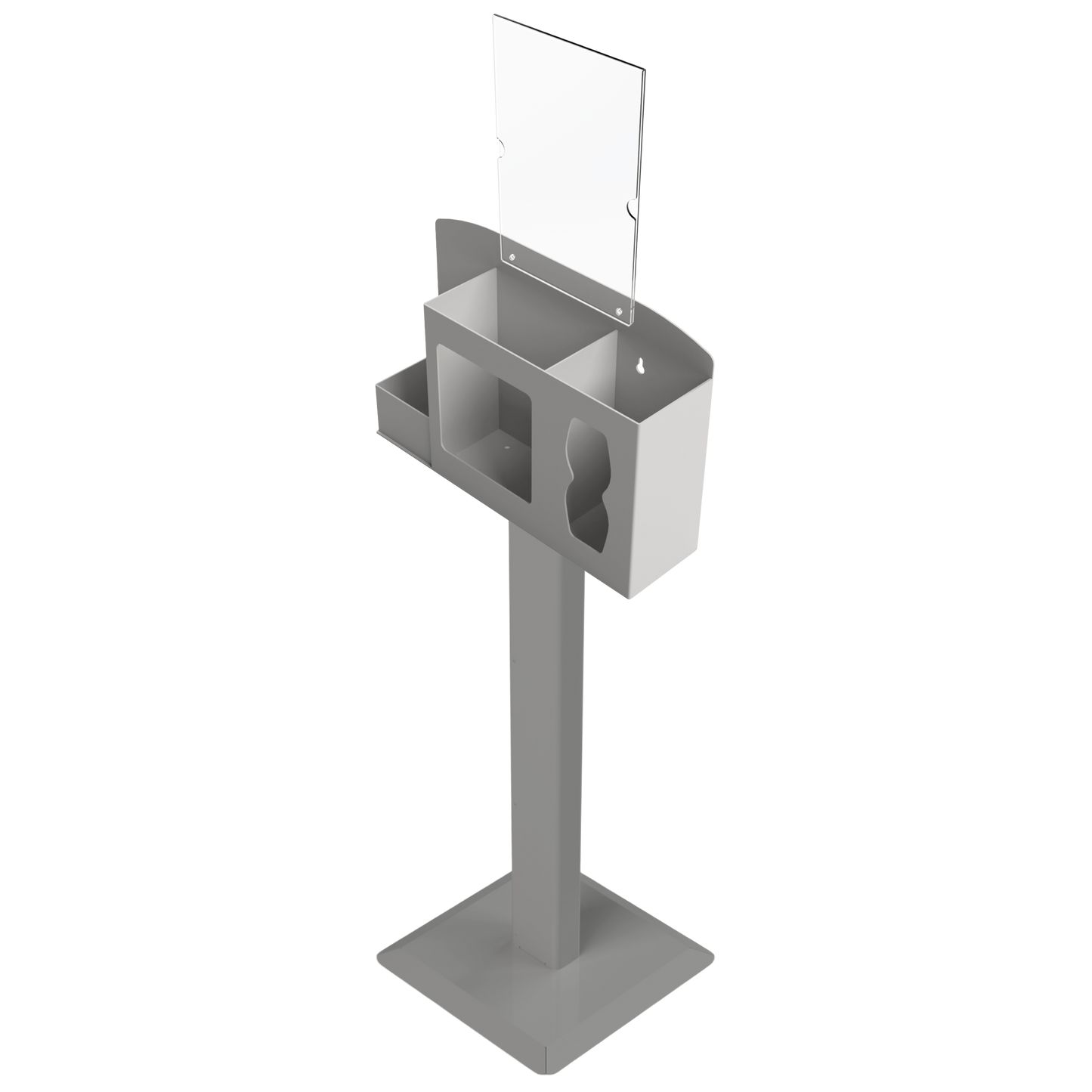 Respiratory Hygiene Station. Beige ABS plastic station, beige steel stand, and clear PETG plastic sign holder. Flu station with 3 sections to accommodate a bottle of hand sanitizer, 2 boxes of earloop face masks, and tissues. Unit is empty and front angled facing.