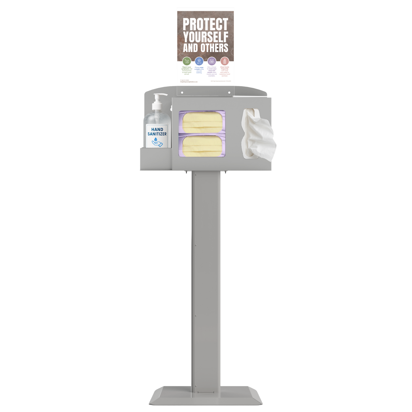 Respiratory Hygiene Station. Beige ABS plastic station, beige steel stand, and clear PETG plastic sign holder. Flu station with 3 sections holding a bottle of hand sanitizer, 2 boxes of earloop face masks, and tissues. Unit has Protect Yourself sign and is front facing.