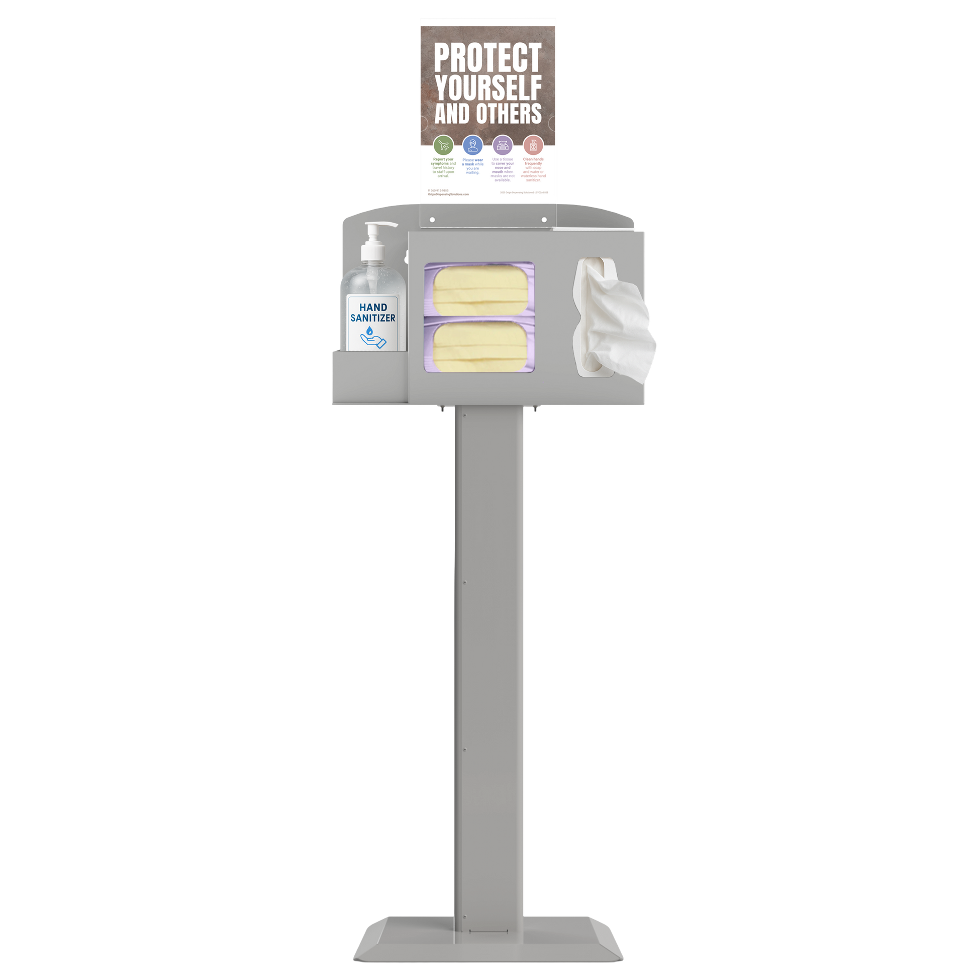 Respiratory Hygiene Station. Beige ABS plastic station, beige steel stand, and clear PETG plastic sign holder. Flu station with 3 sections holding a bottle of hand sanitizer, 2 boxes of earloop face masks, and tissues. Unit has Protect Yourself sign and is front facing.
