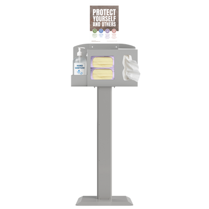 Respiratory Hygiene Station. Beige ABS plastic station, beige steel stand, and clear PETG plastic sign holder. Flu station with 3 sections holding a bottle of hand sanitizer, 2 boxes of earloop face masks, and tissues. Unit has Protect Yourself sign and is front facing.