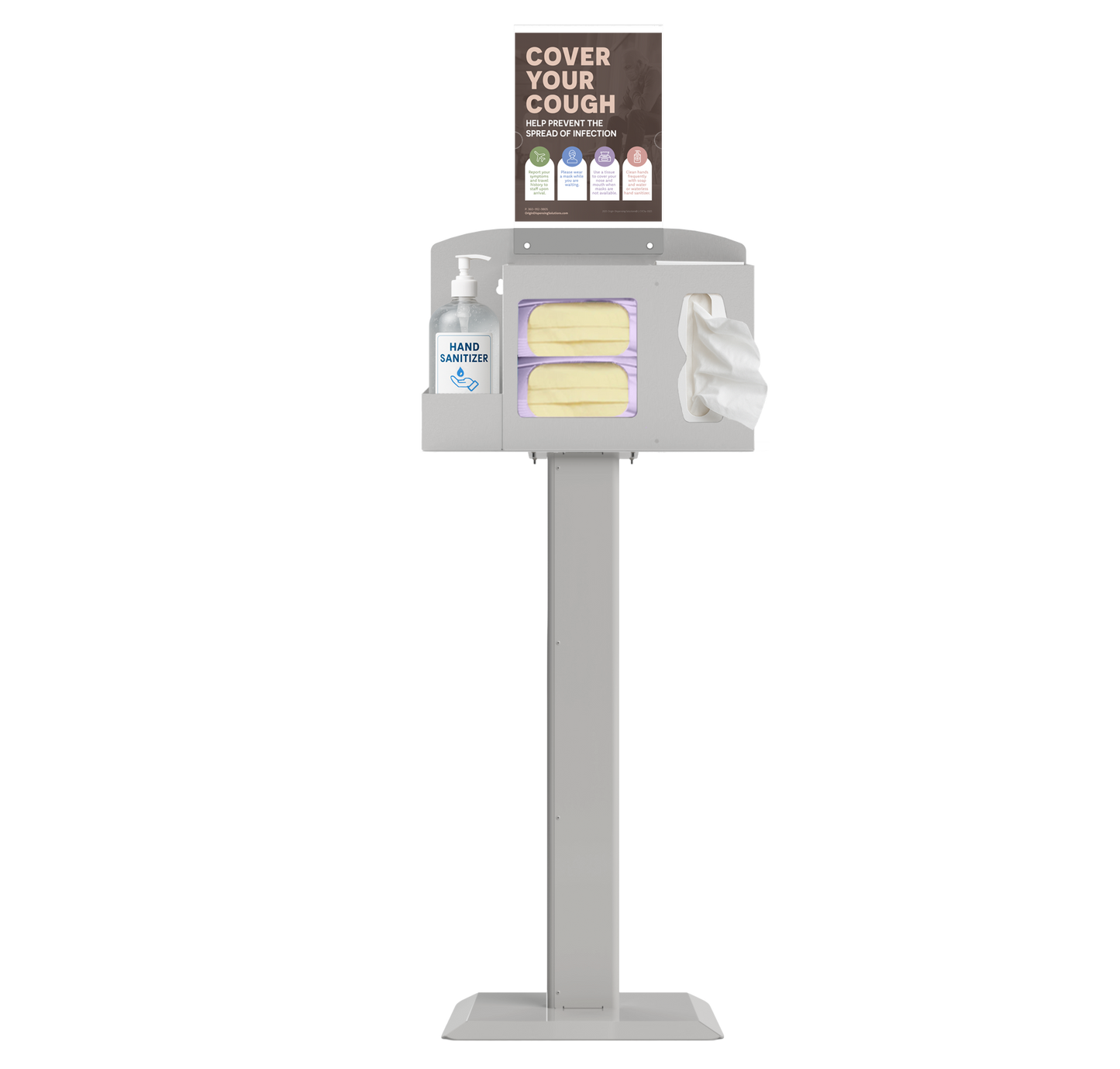 Respiratory Hygiene Station with masks, tissues, hand sanitizer dispenser, sign with cover your cough on a stand. beige metal.
