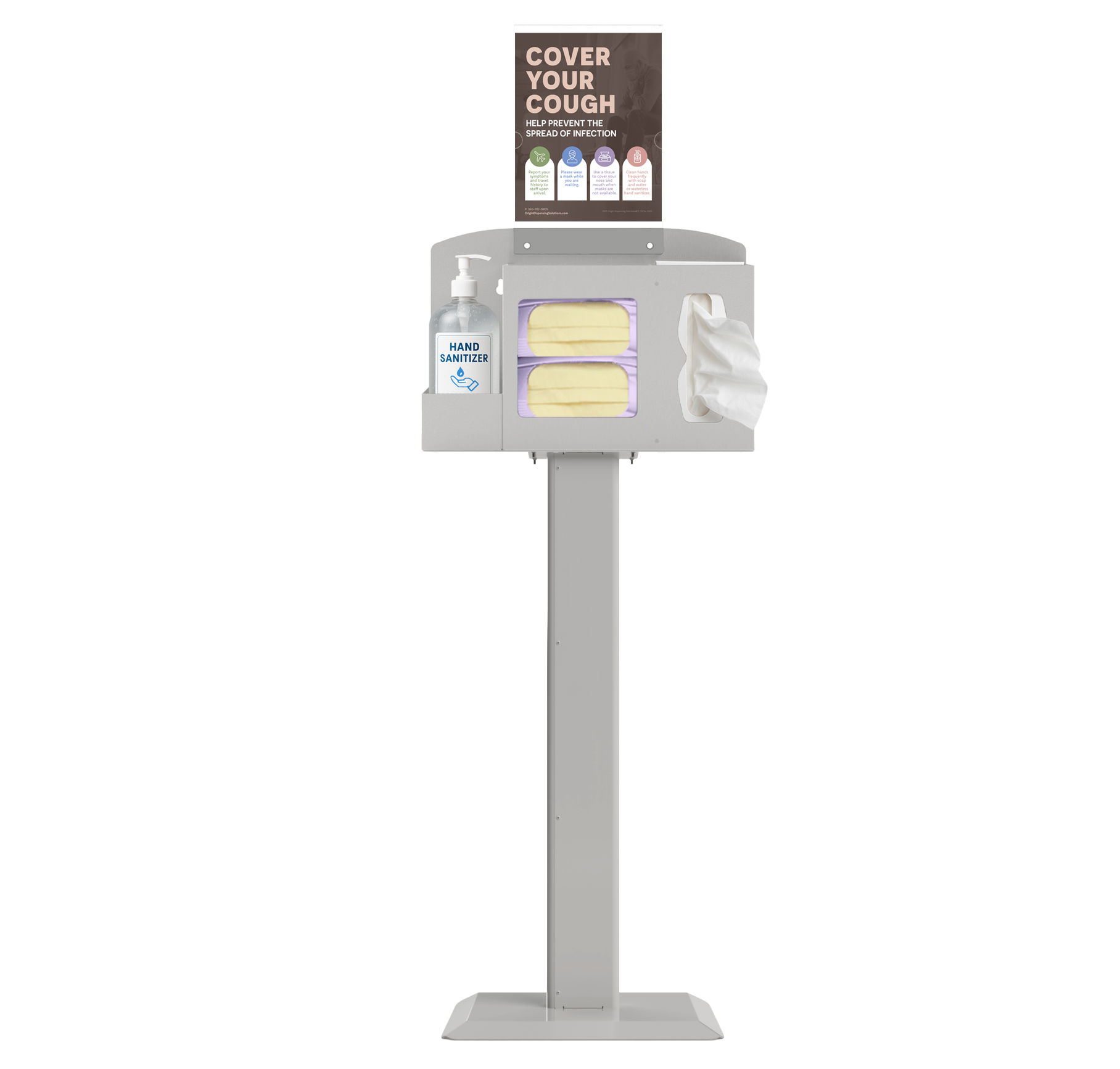 Respiratory Hygiene Station with masks, tissues, hand sanitizer dispenser, sign with cover your cough on a stand. beige metal.