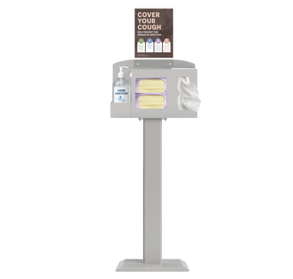 Respiratory Hygiene Station with masks, tissues, hand sanitizer dispenser, sign with cover your cough on a stand. beige metal.