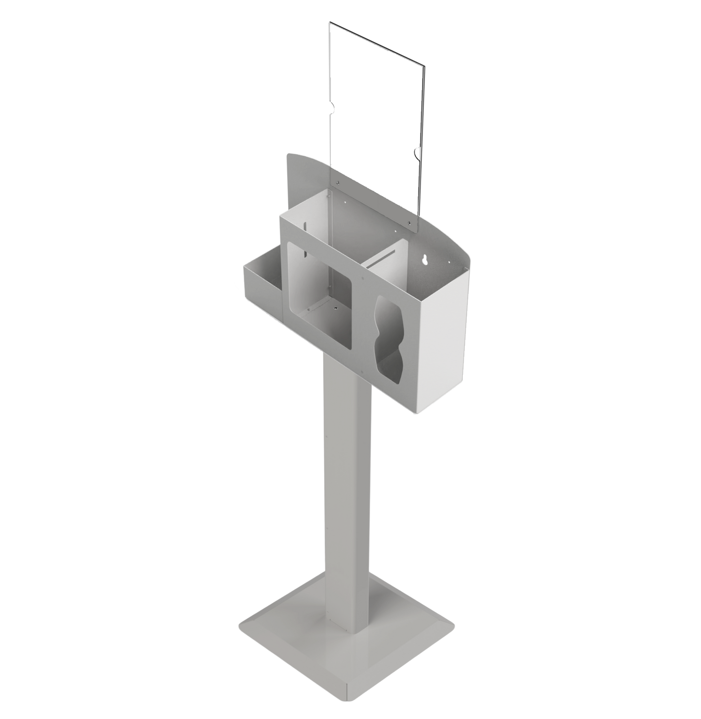 Respiratory Hygiene Station empty, with  empty sign holder  on a stand. beige metal. angled slightly left.