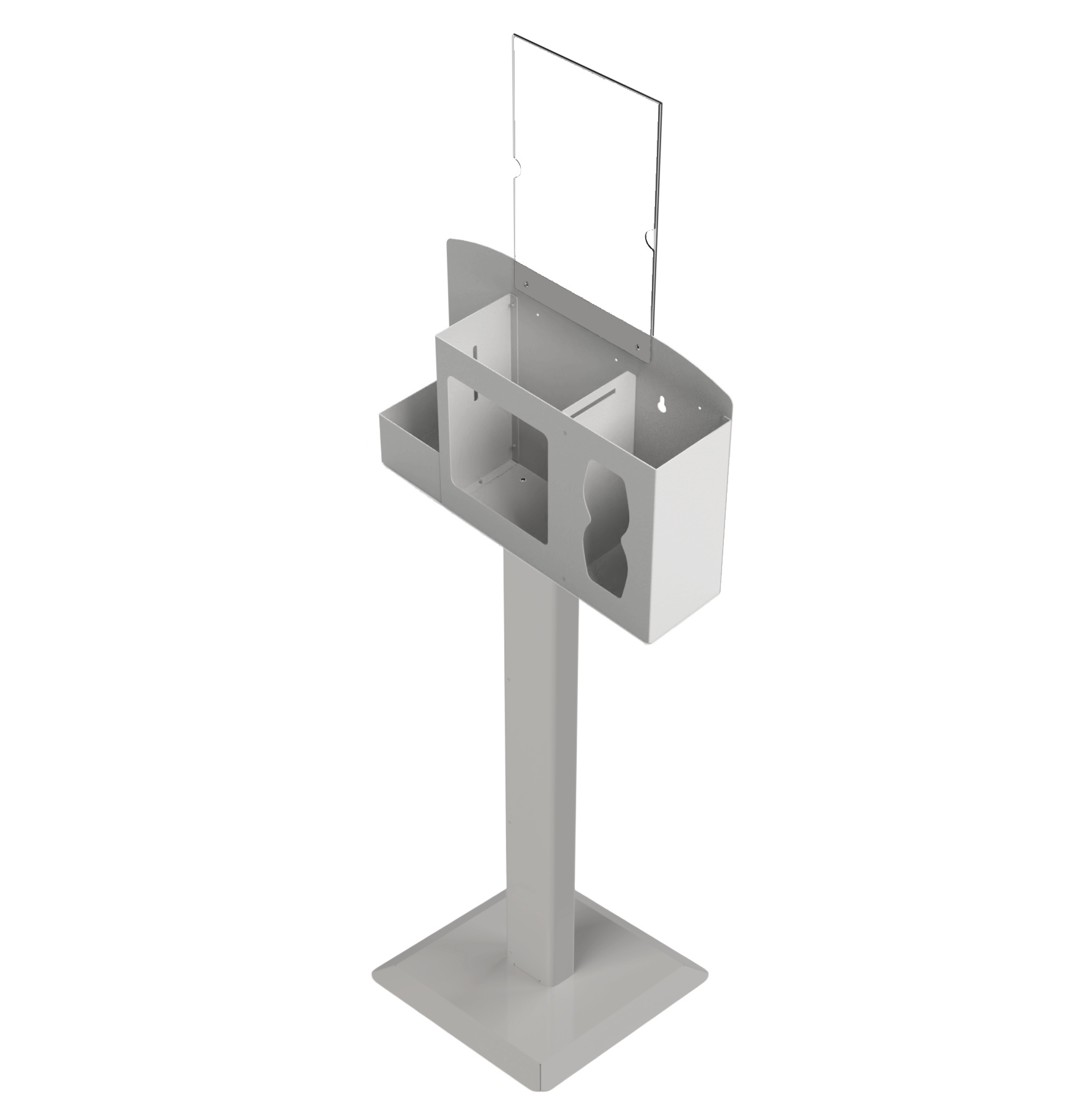Respiratory Hygiene Station empty, with  empty sign holder  on a stand. beige metal. angled slightly left.