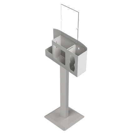 Respiratory Hygiene Station empty, with  empty sign holder  on a stand. beige metal. angled slightly left.