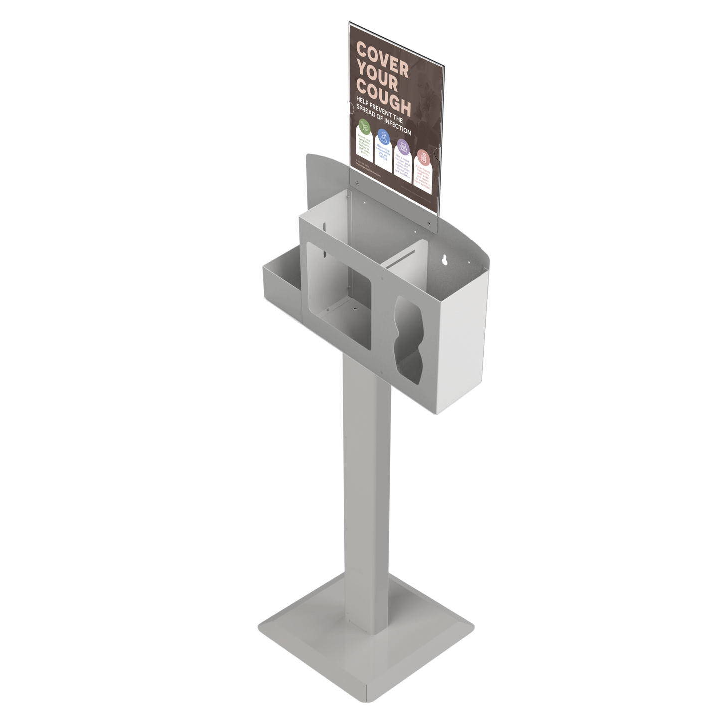 Respiratory Hygiene Station, empty with sign with "Cover Your Cough" sign on a stand. beige metal. angled slightly left.