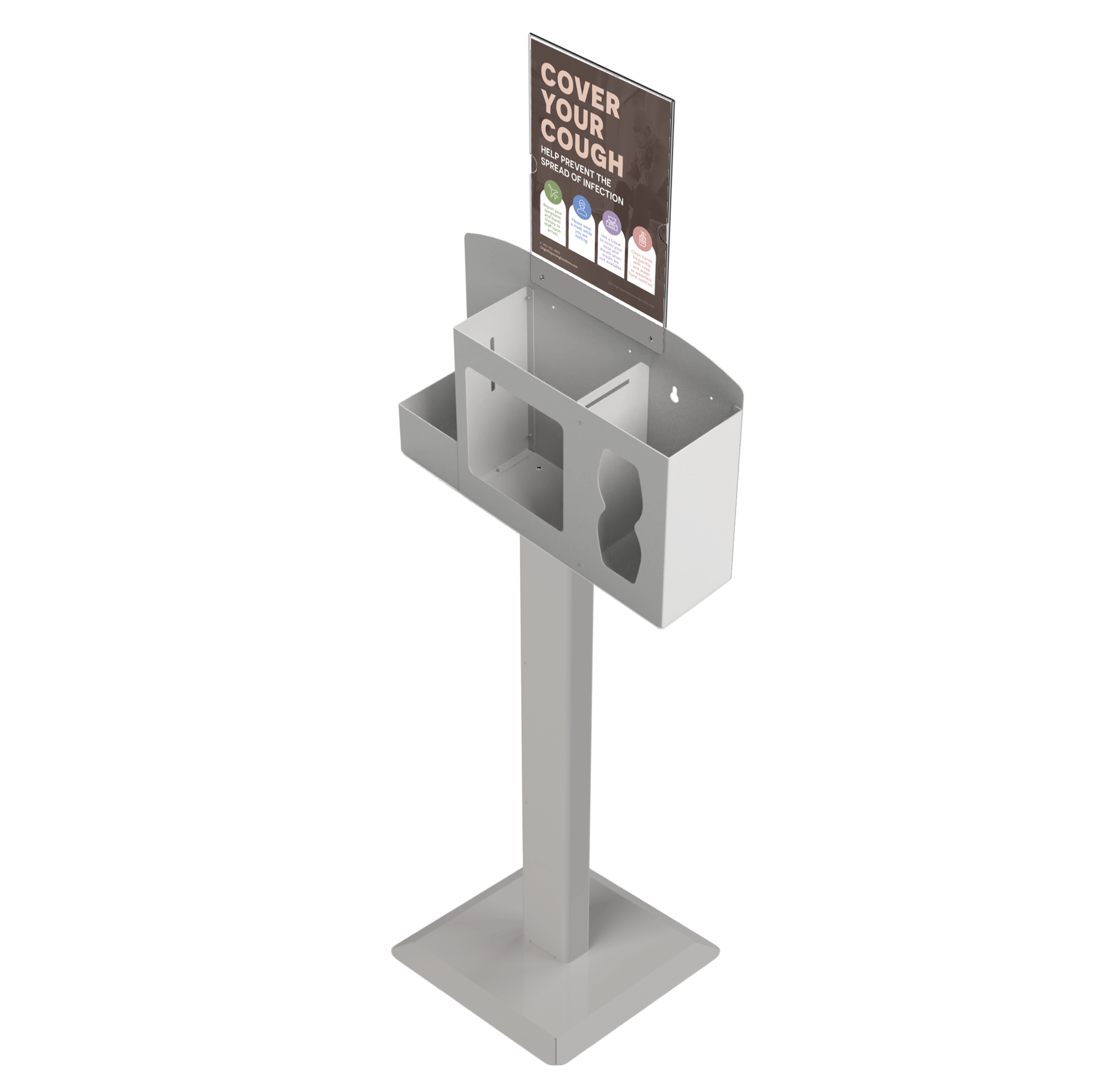 Respiratory Hygiene Station, empty with sign with "Cover Your Cough" sign on a stand. beige metal. angled slightly left.
