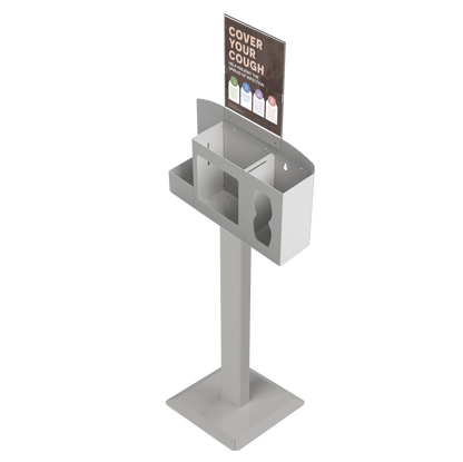 Respiratory Hygiene Station, empty with sign with "Cover Your Cough" sign on a stand. beige metal. angled slightly left.