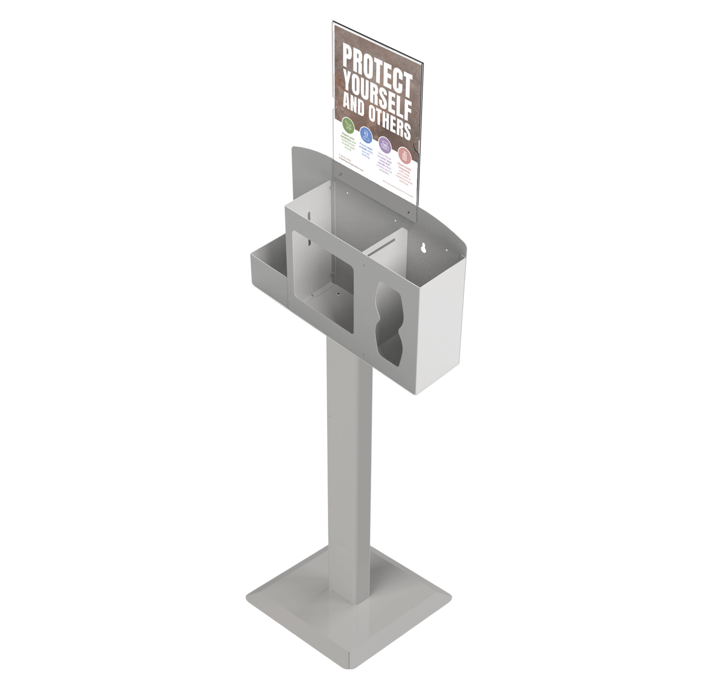 Respiratory Hygiene Station empty, with  sign holder with "Protect Yourself and Others" sign on a stand. beige metal. angled slightly left.