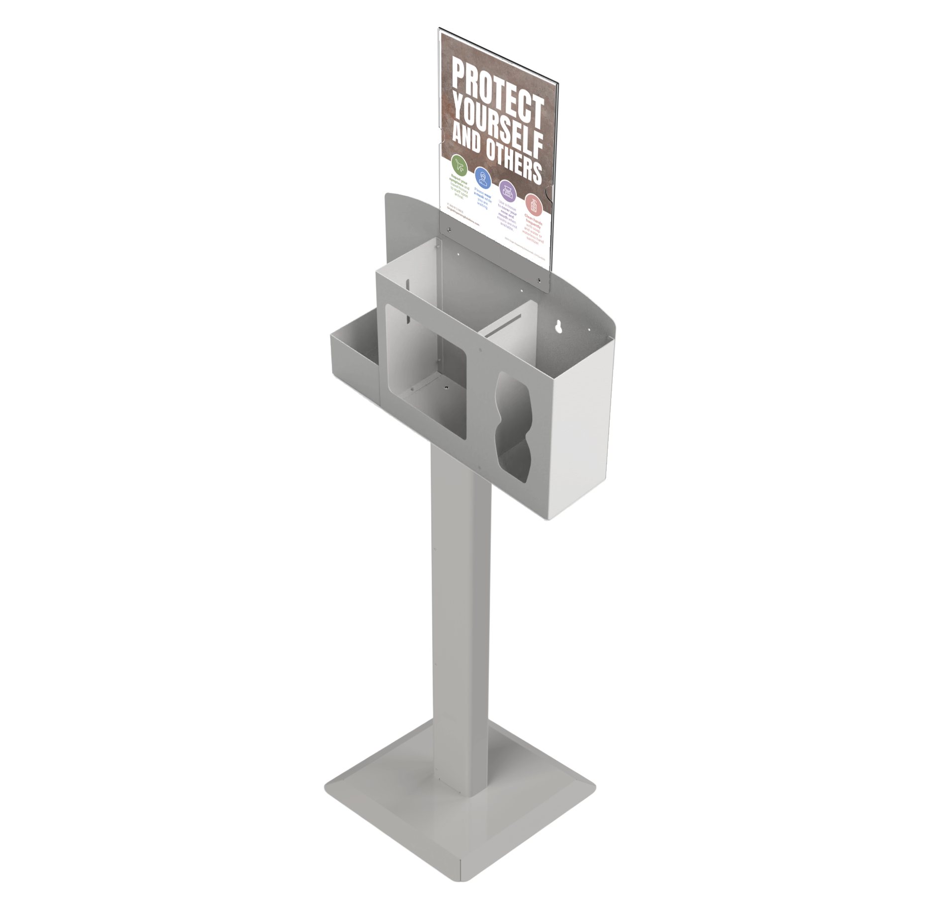 Respiratory Hygiene Station empty, with  sign holder with "Protect Yourself and Others" sign on a stand. beige metal. angled slightly left.