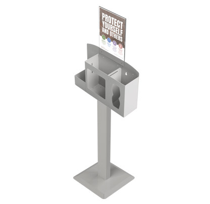 Respiratory Hygiene Station empty, with  sign holder with "Protect Yourself and Others" sign on a stand. beige metal. angled slightly left.