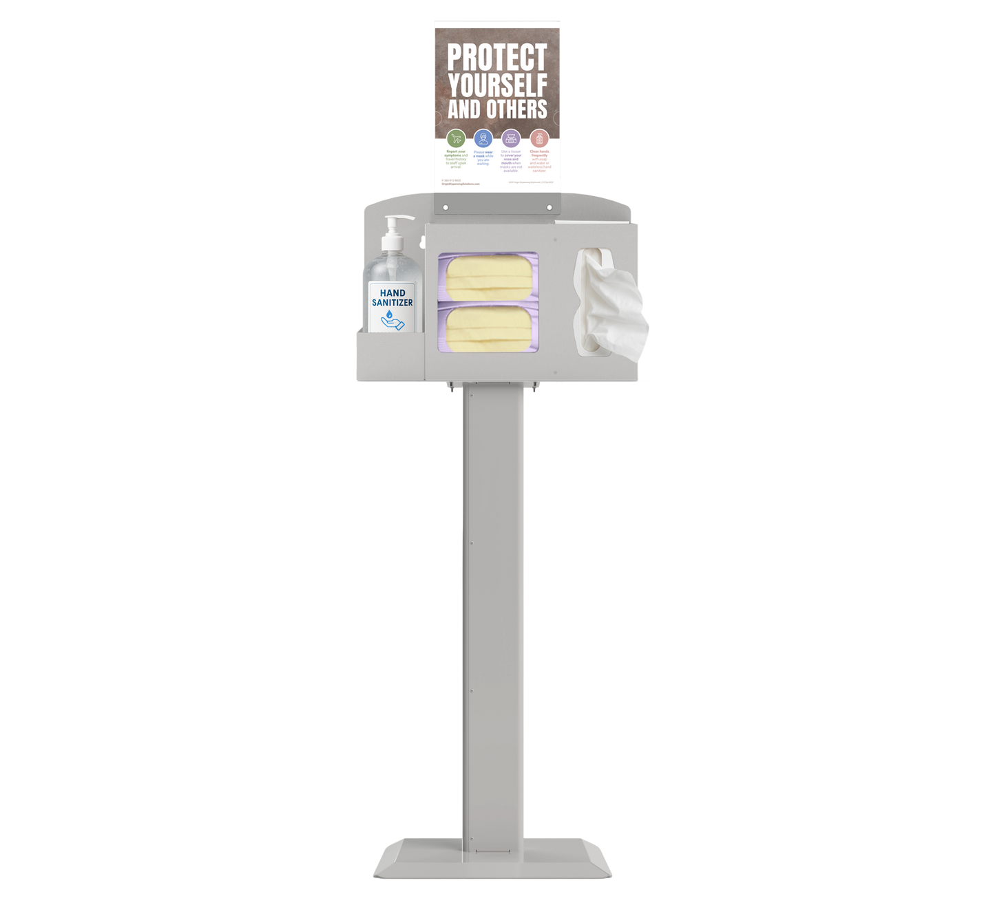 Respiratory Hygiene Station with masks, tissues, hand sanitizer bottle, sign with protect yourself and others on a stand. beige metal.
