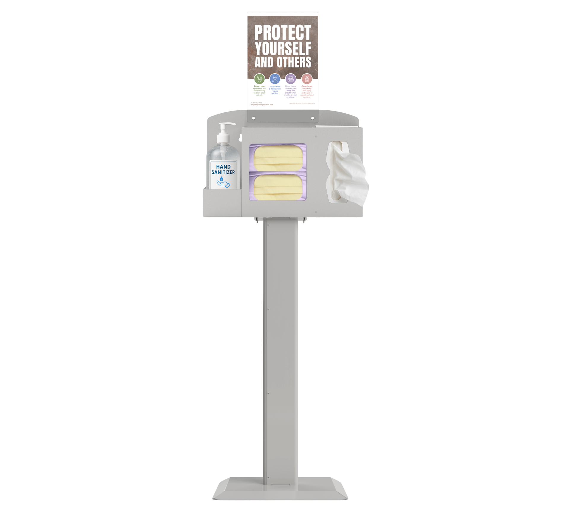 Respiratory Hygiene Station with masks, tissues, hand sanitizer bottle, sign with protect yourself and others on a stand. beige metal.