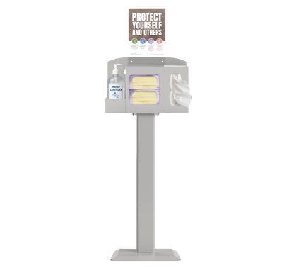 Respiratory Hygiene Station with masks, tissues, hand sanitizer bottle, sign with protect yourself and others on a stand. beige metal.