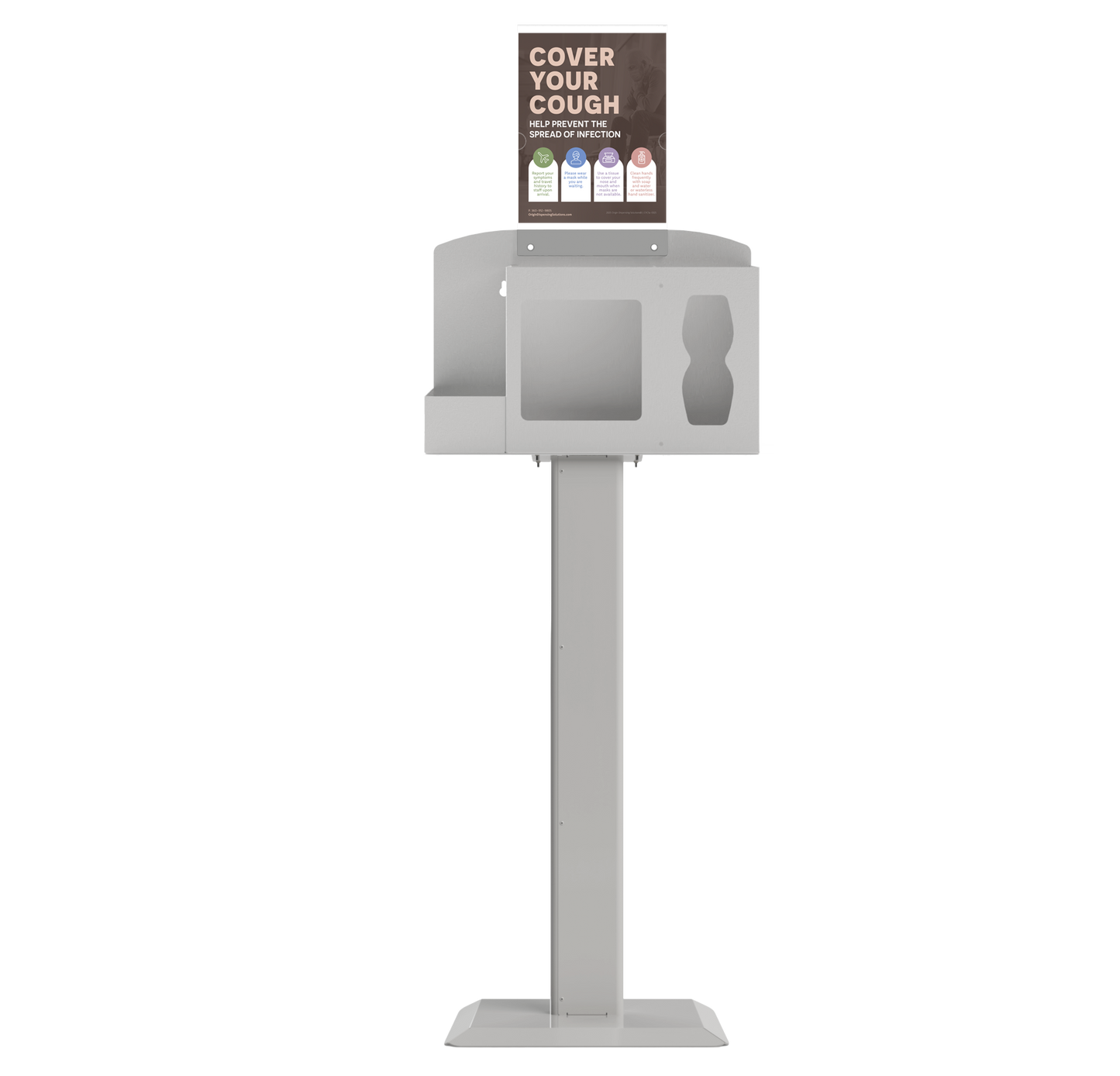Respiratory Hygiene Station, empty with sign with cover your cough on a stand. beige metal.