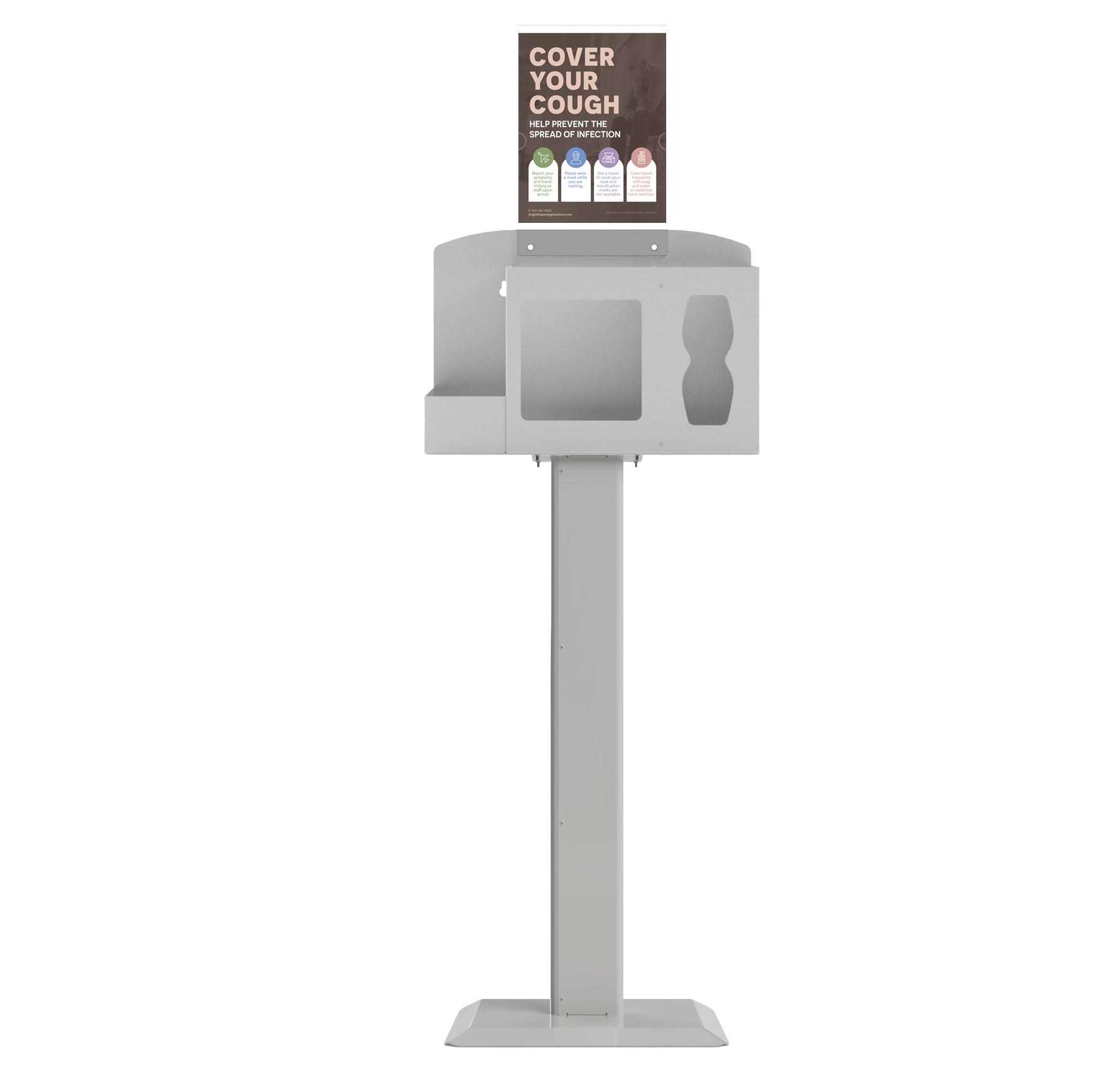 Respiratory Hygiene Station, empty with sign with cover your cough on a stand. beige metal.