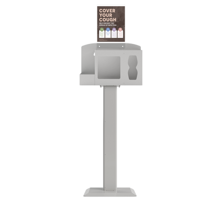 Respiratory Hygiene Station, empty with sign with cover your cough on a stand. beige metal.