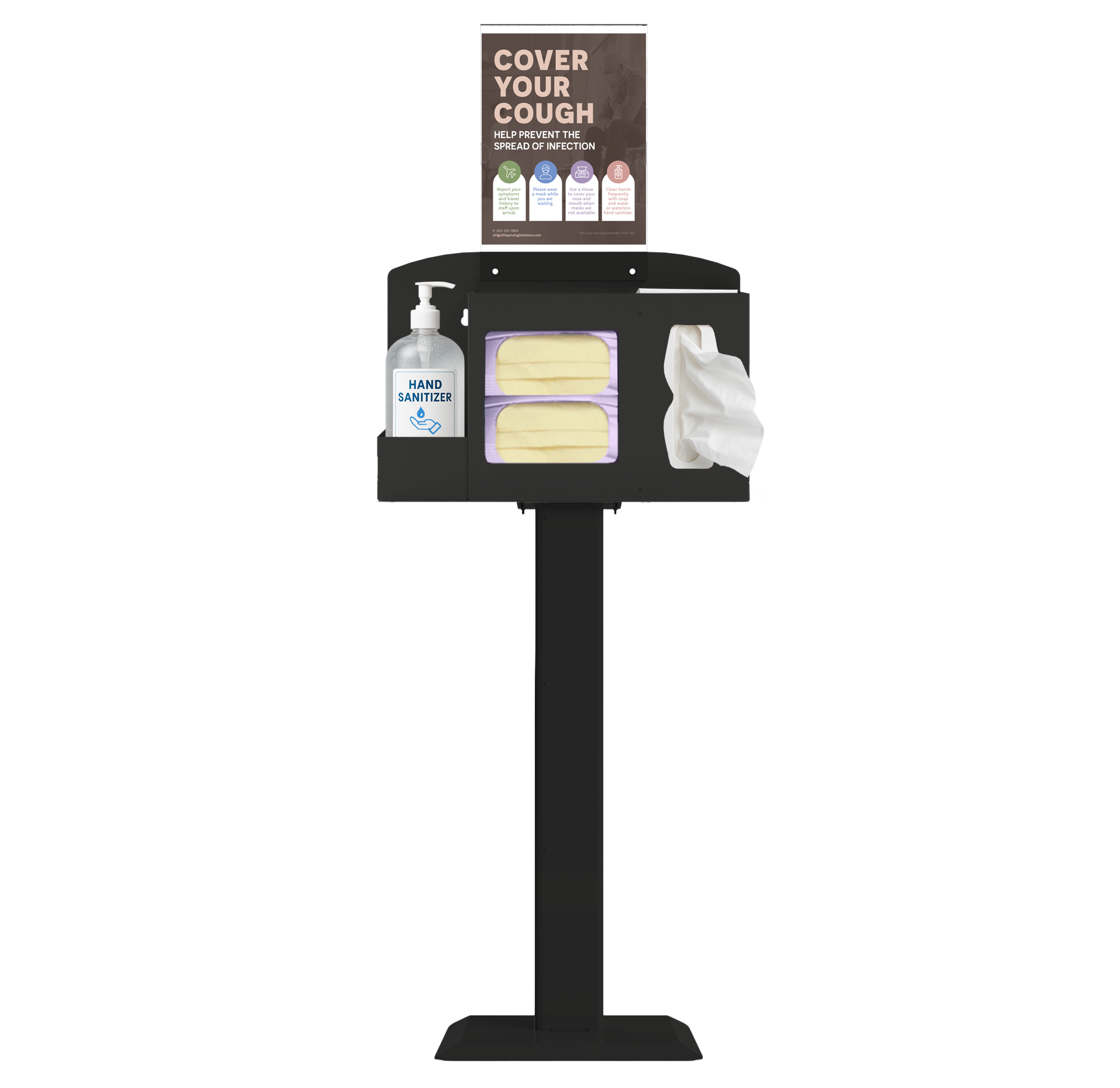 Respiratory Hygiene Station with masks, tissues, hand sanitizer bottle, sign with cover your cough sign inside, on a stand. black metal.