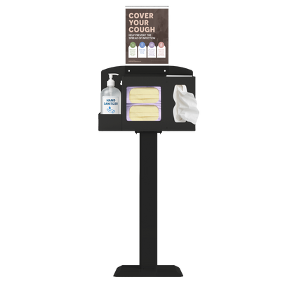 Respiratory Hygiene Station with masks, tissues, hand sanitizer bottle, sign with cover your cough sign inside, on a stand. black metal.