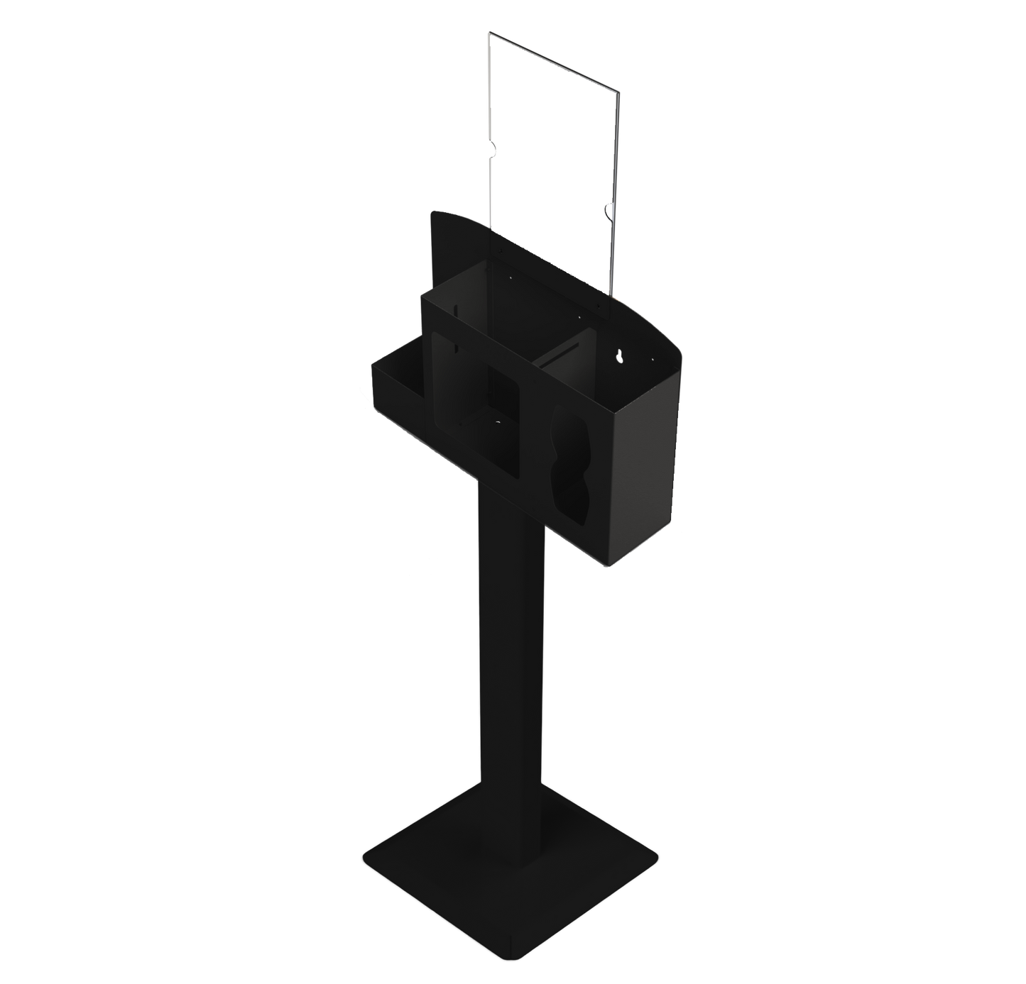 Black metal hygiene station, sign holder and stand. angled left, empty.