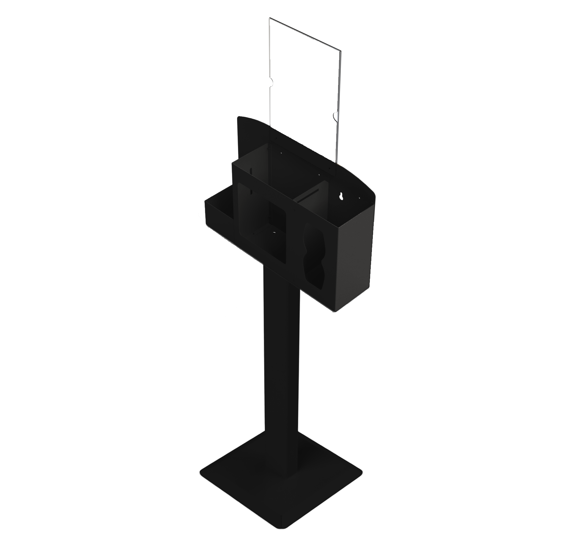 Black metal hygiene station, sign holder and stand. angled left, empty.
