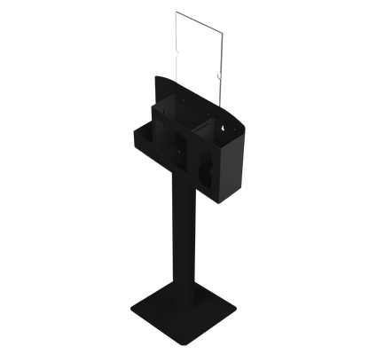 Black metal hygiene station, sign holder and stand. angled left, empty.
