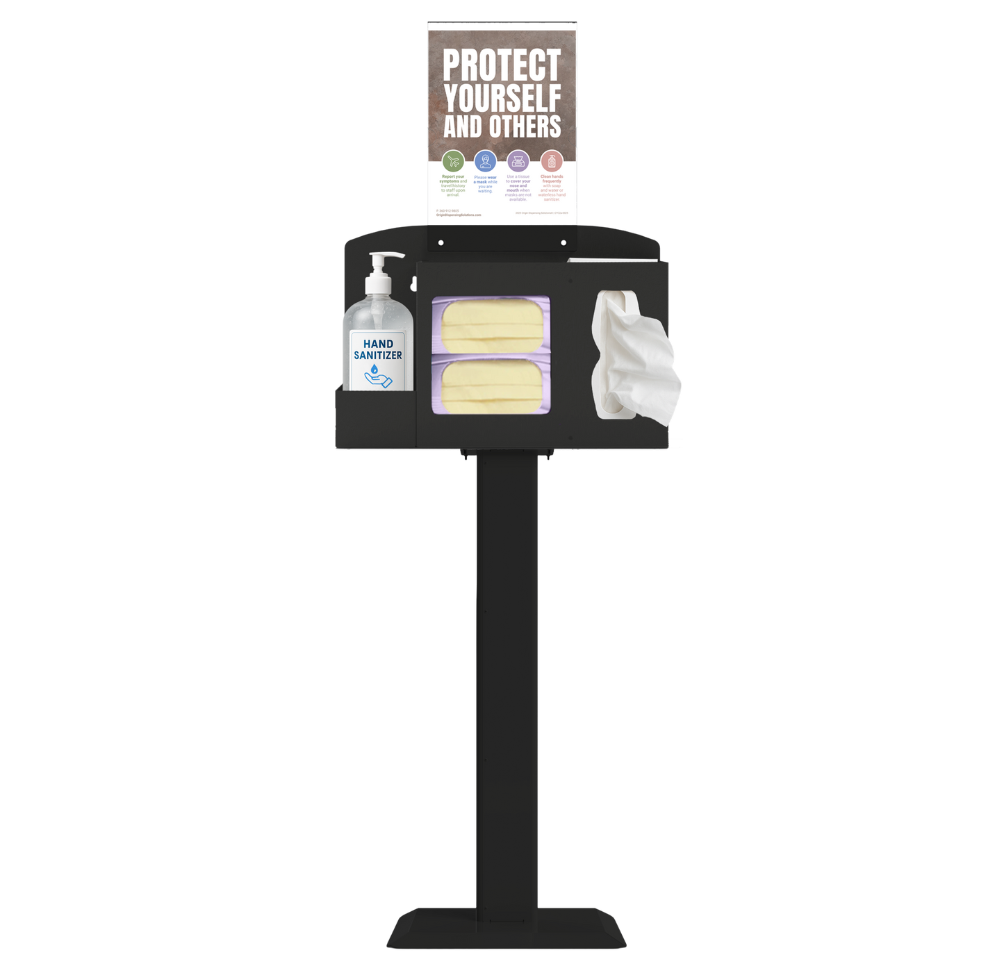 Respiratory Hygiene Station with masks, tissues, hand sanitizer bottle, sign with protect yourself and others on a stand. black metal.